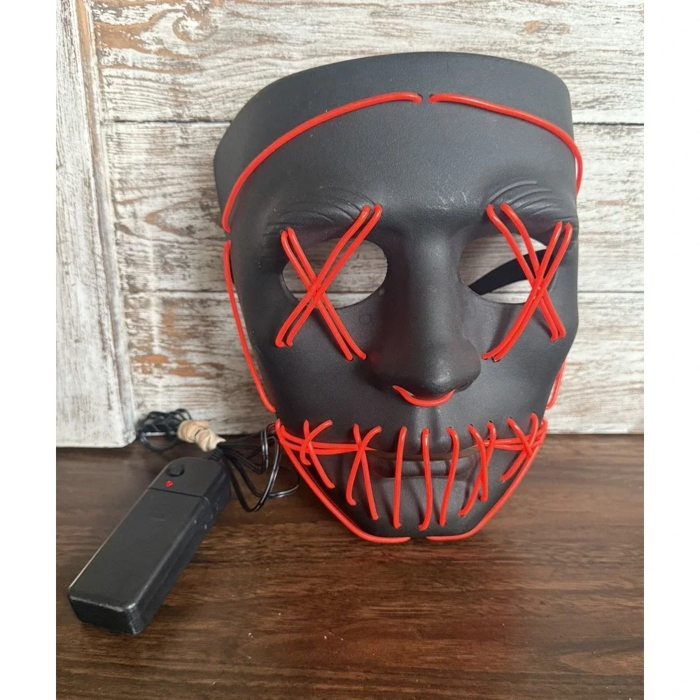 Halloween LED Light Up Mask 3 Modes Costume Rave Cosplay‎ Black w/ Red Stitches